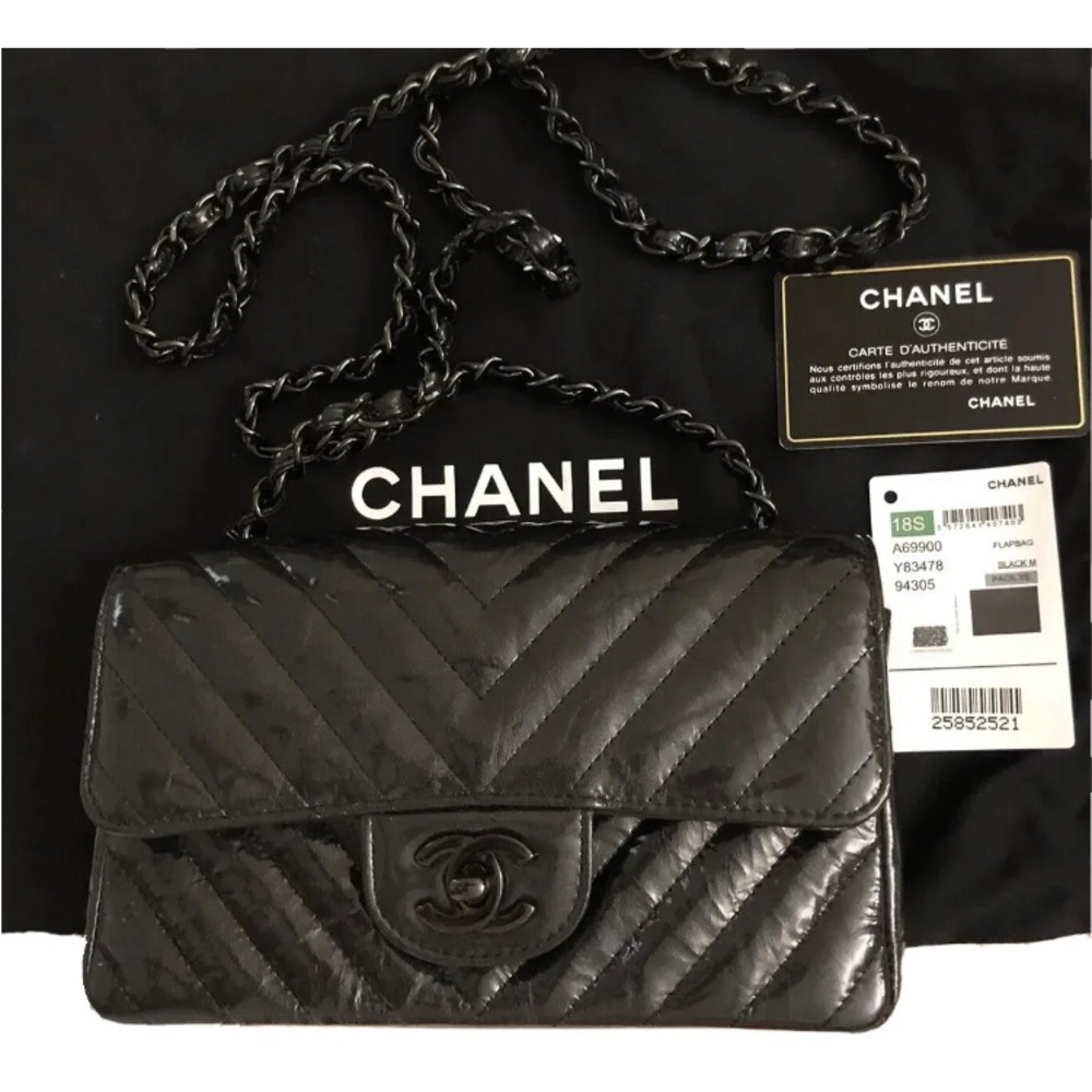 Chanel So Black Chevron Crinkled Metallic Patent Leather Shoulder Flap Bag